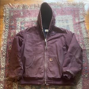 Vintage distressed condition Carhartt Burgundy Hooded Jacket XL